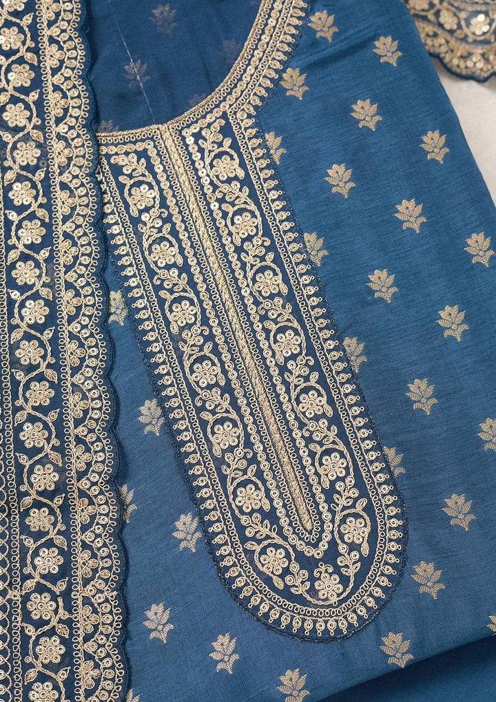 Peacock Blue Zariwork (Gold) Chinon Unstitched Salwar Suit
