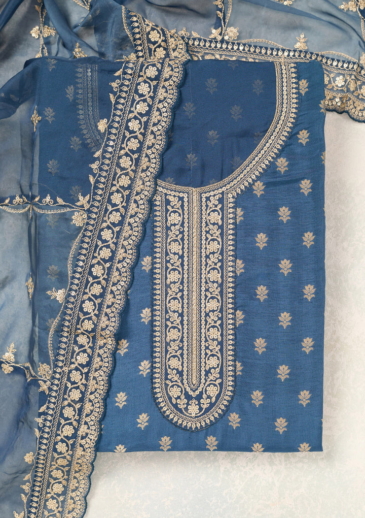 Peacock Blue Zariwork (Gold) Chinon Unstitched Salwar Suit