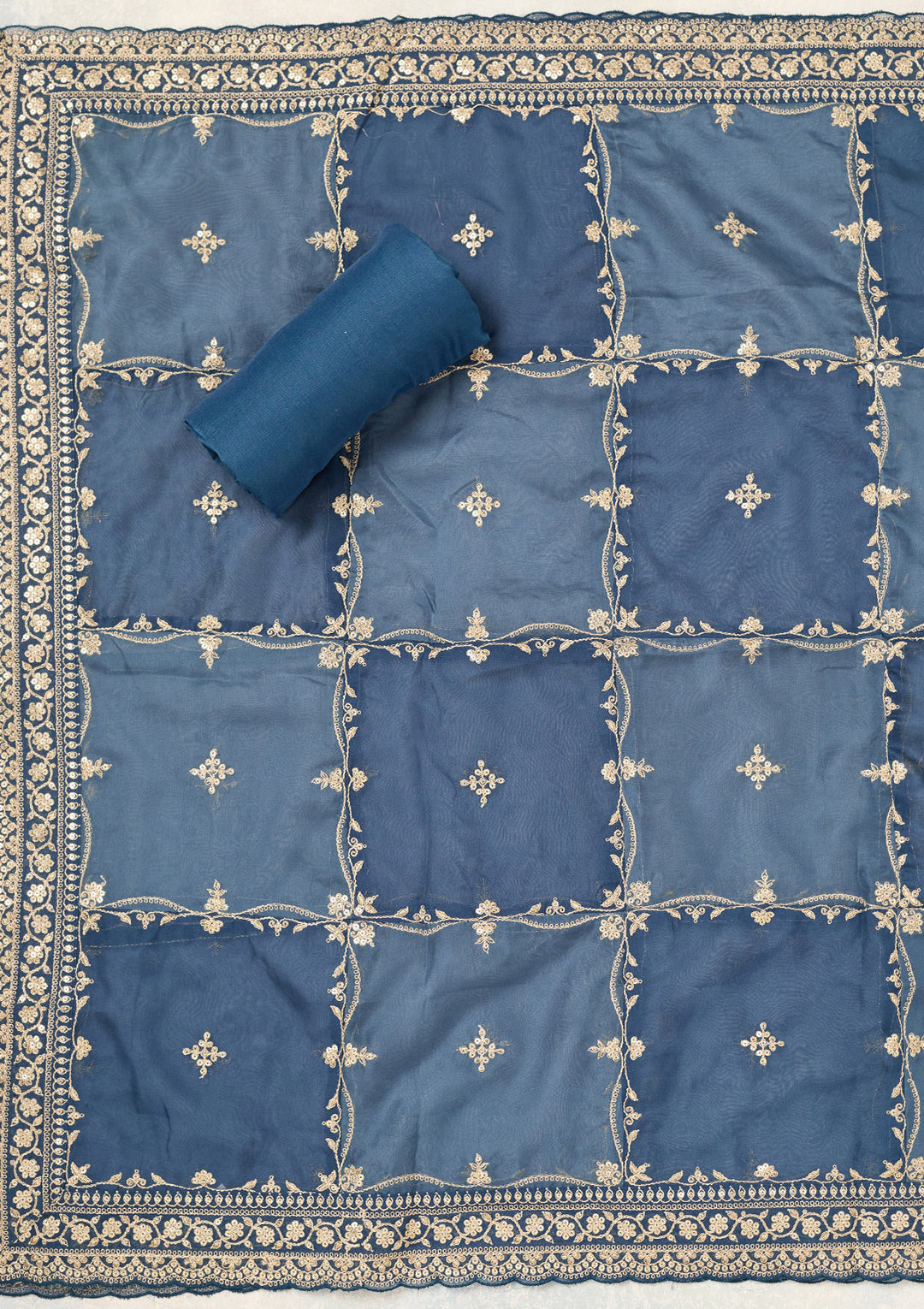 Peacock Blue Zariwork (Gold) Chinon Unstitched Salwar Suit