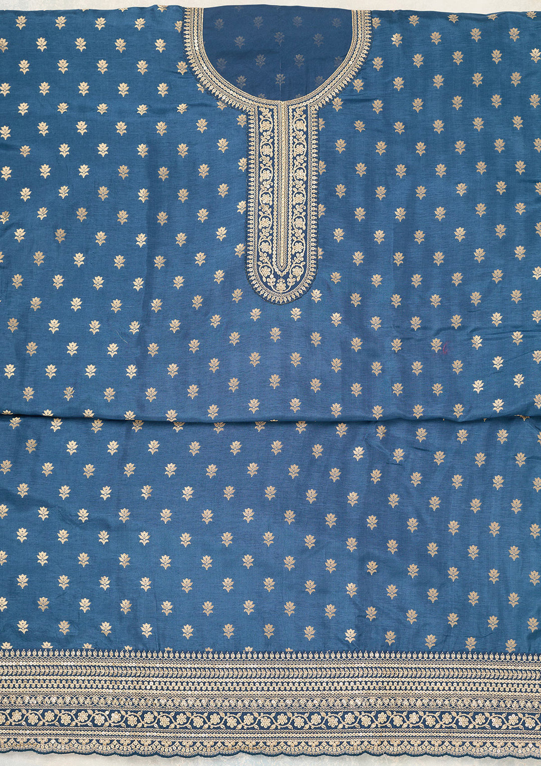 Peacock Blue Zariwork (Gold) Chinon Unstitched Salwar Suit