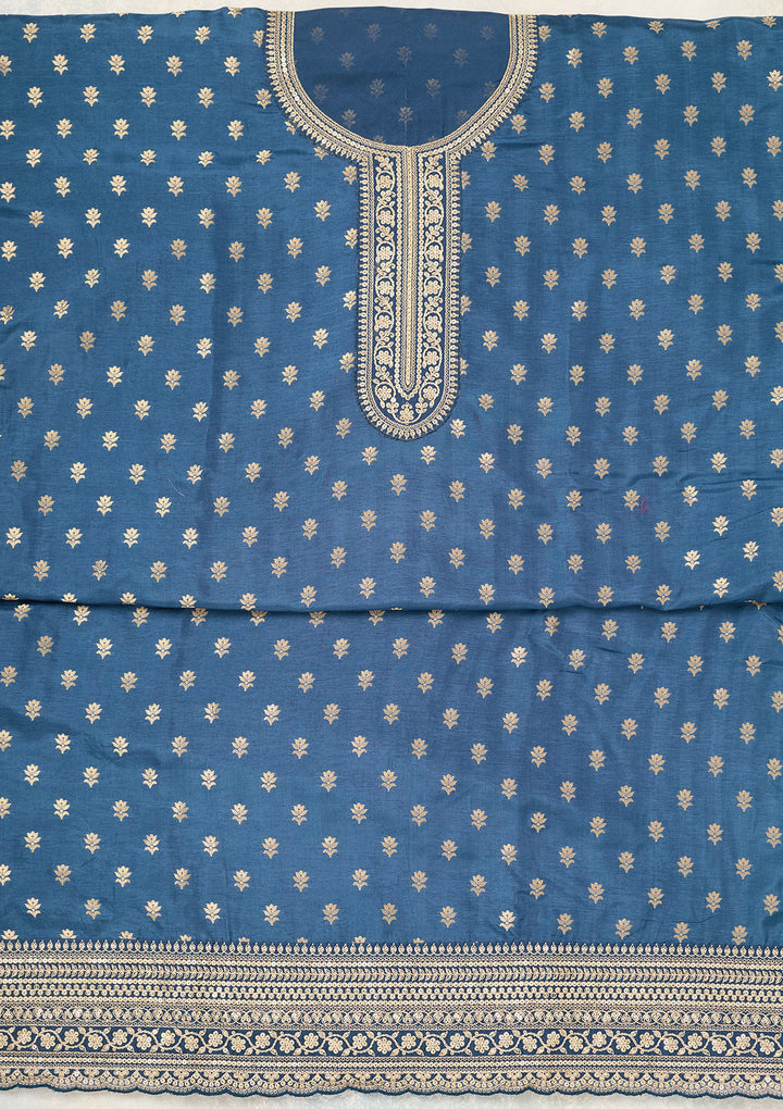 Peacock Blue Zariwork (Gold) Chinon Unstitched Salwar Suit