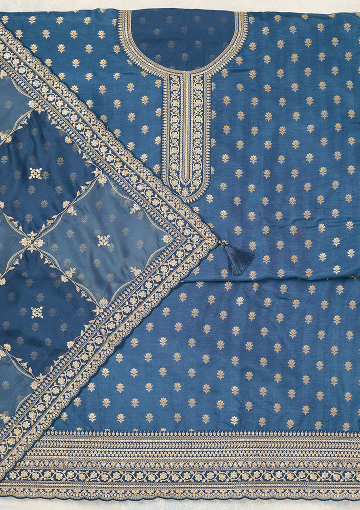 Peacock Blue Zariwork (Gold) Chinon Unstitched Salwar Suit