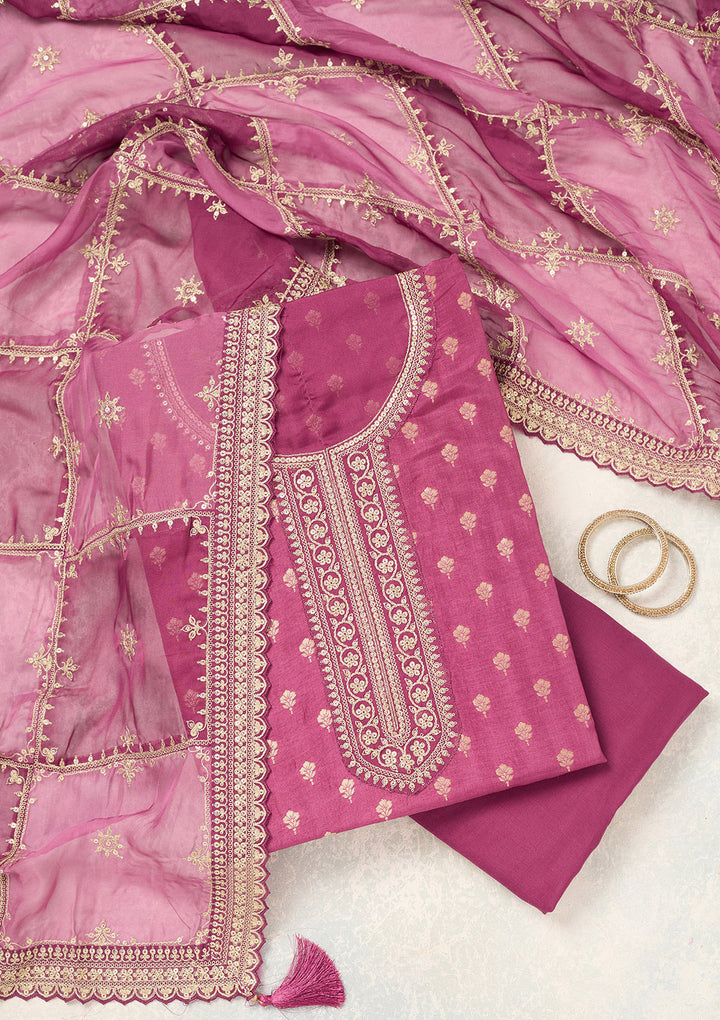 Wine Zariwork (Gold) Chinon Unstitched Salwar Suit