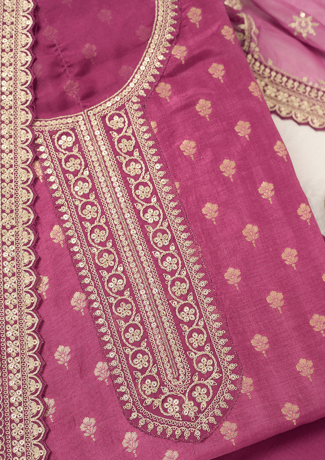Wine Zariwork (Gold) Chinon Unstitched Salwar Suit