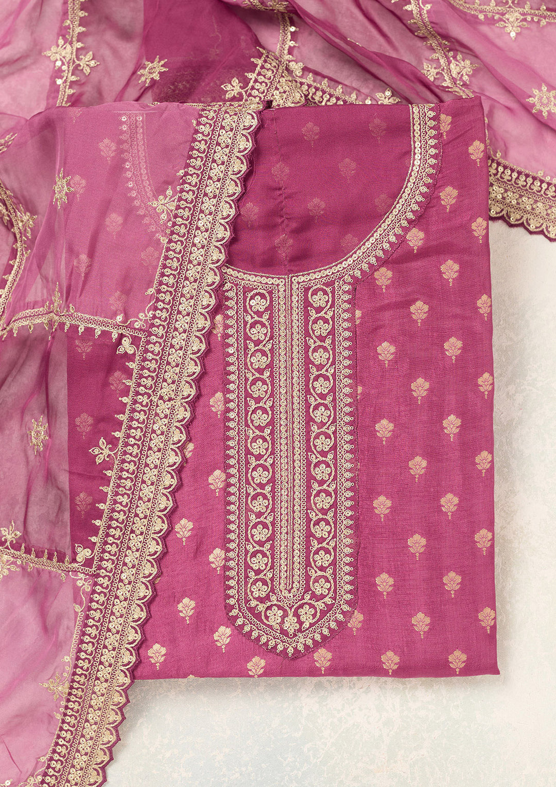 Wine Zariwork (Gold) Chinon Unstitched Salwar Suit