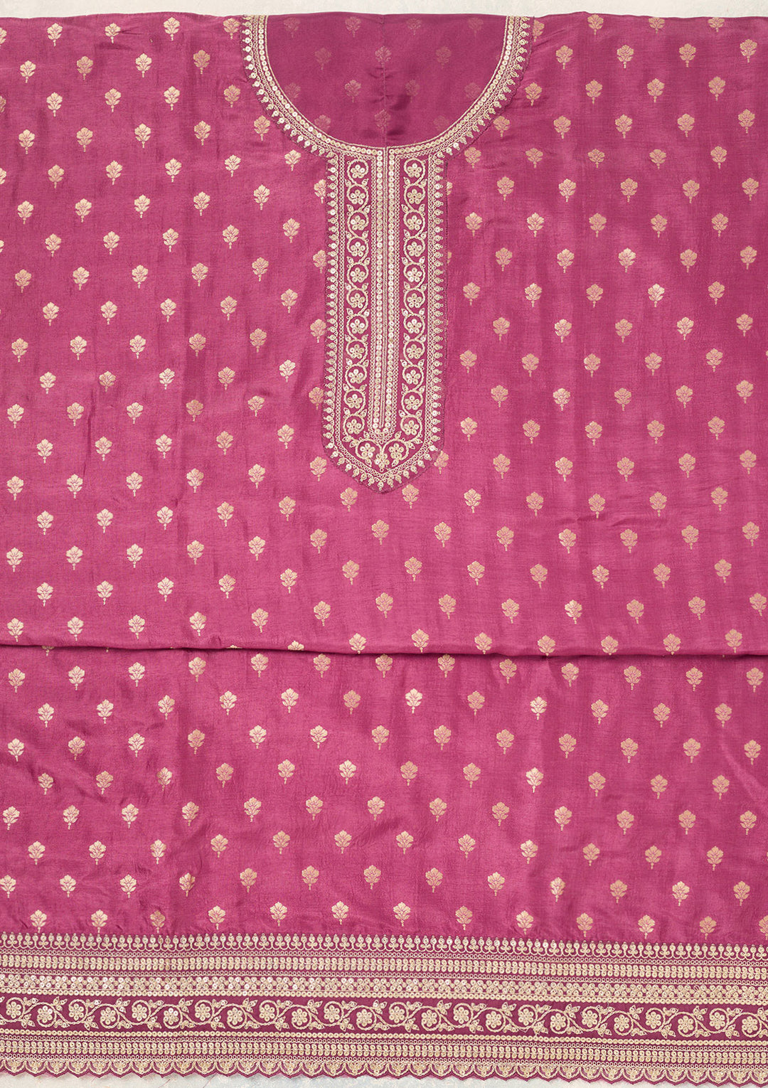 Wine Zariwork (Gold) Chinon Unstitched Salwar Suit