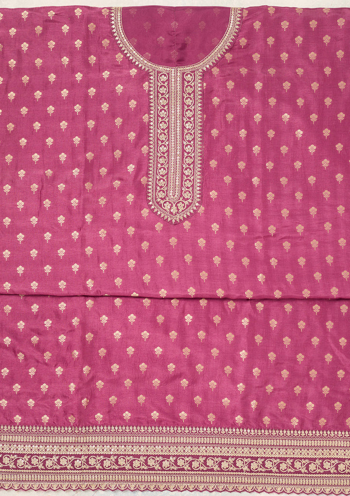 Wine Zariwork (Gold) Chinon Unstitched Salwar Suit