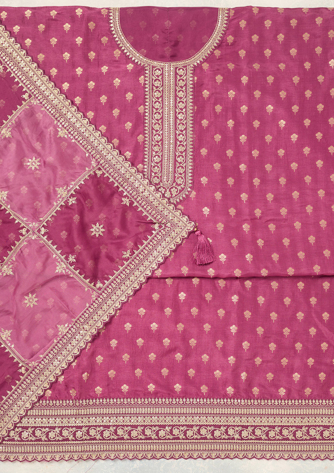 Wine Zariwork (Gold) Chinon Unstitched Salwar Suit