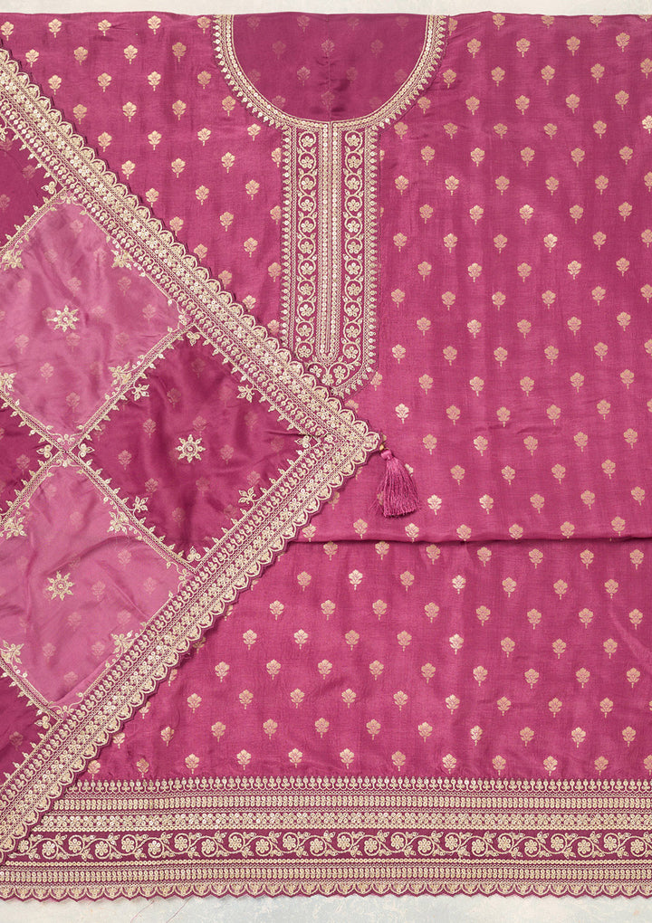 Wine Zariwork (Gold) Chinon Unstitched Salwar Suit