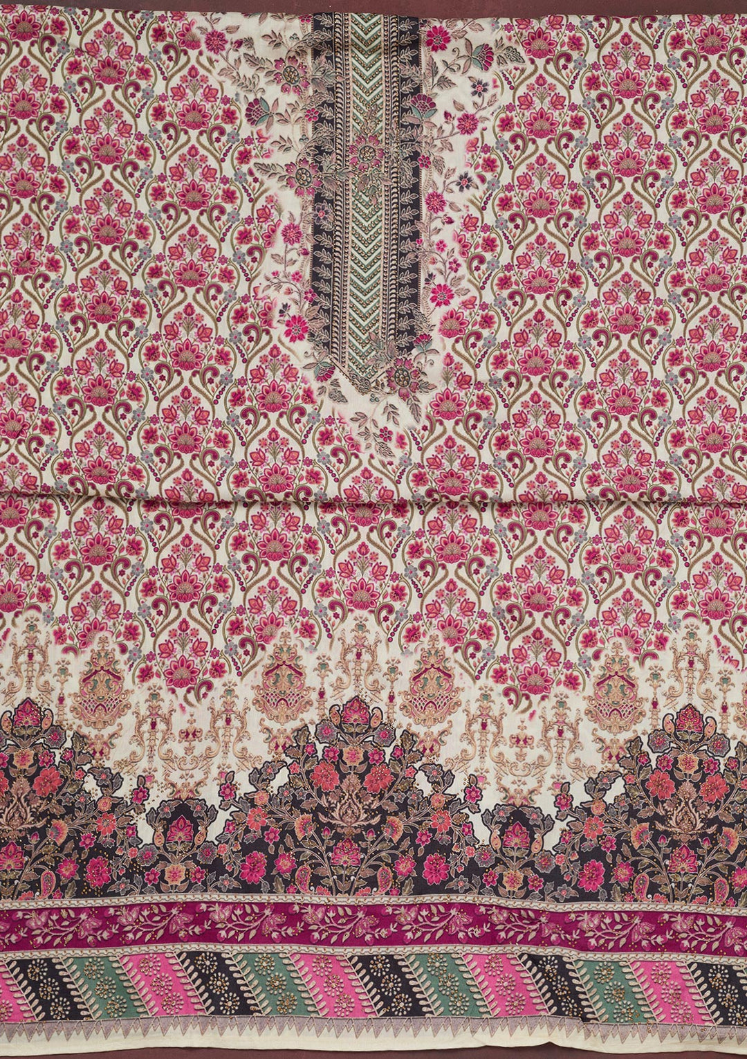 Cream Zariwork Semi Crepe Unstitched Salwar Suit