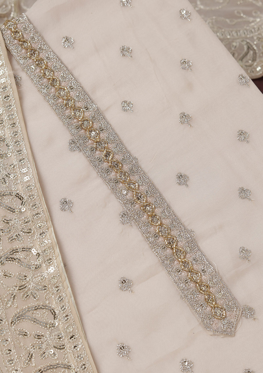 Beige Sequins Organza Unstitched Salwar Suit