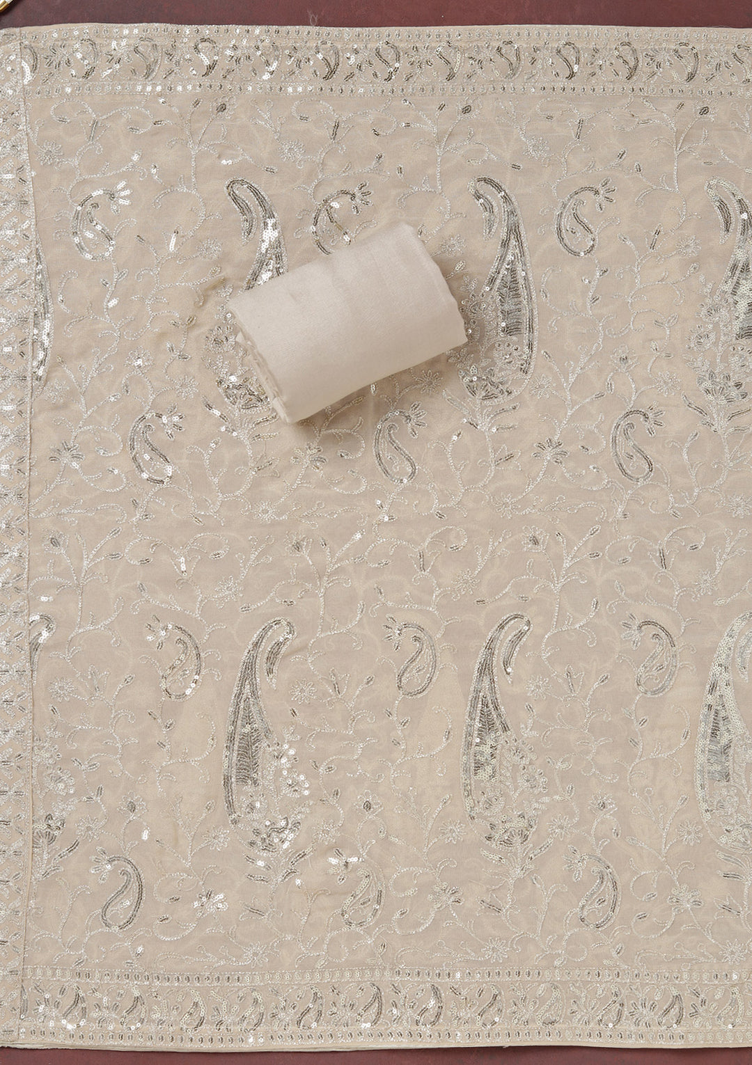 Beige Sequins Organza Unstitched Salwar Suit