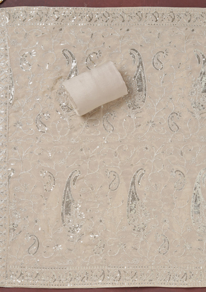 Beige Sequins Organza Unstitched Salwar Suit