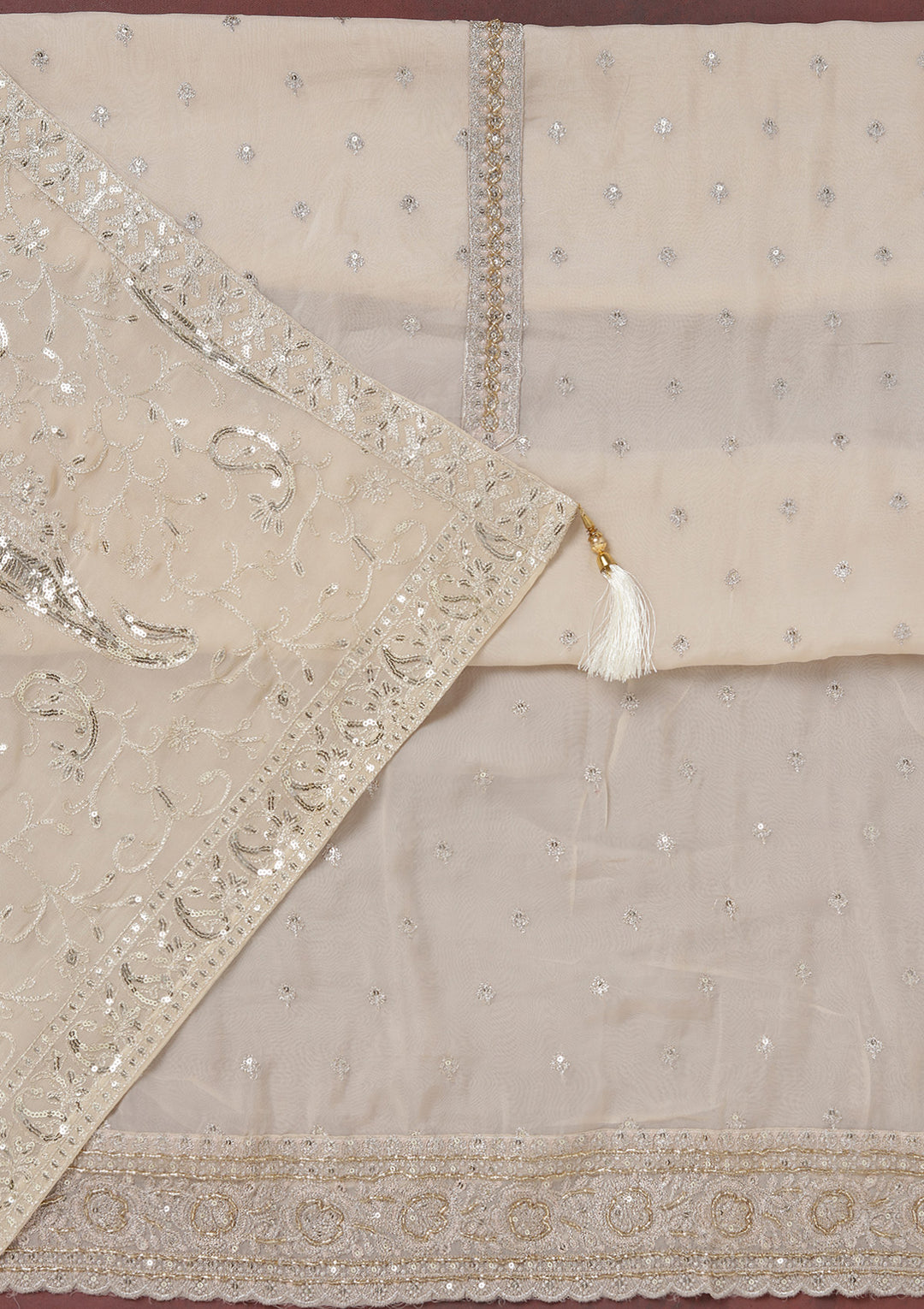 Beige Sequins Organza Unstitched Salwar Suit