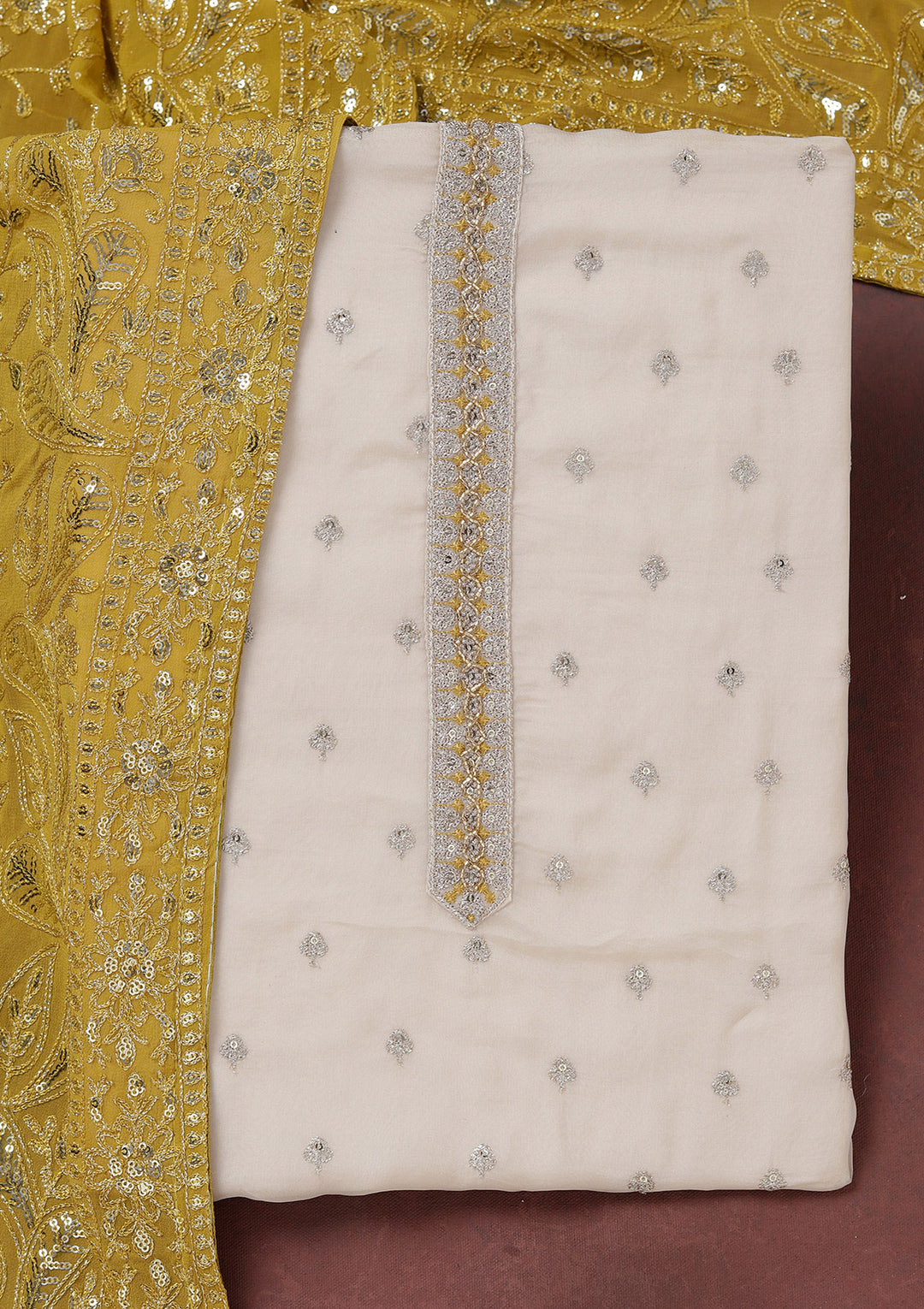 Beige Sequins Organza Unstitched Salwar Suit