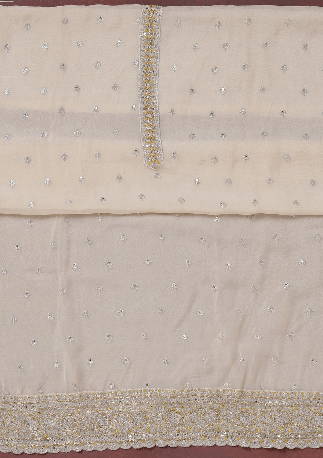 Beige Sequins Organza Unstitched Salwar Suit