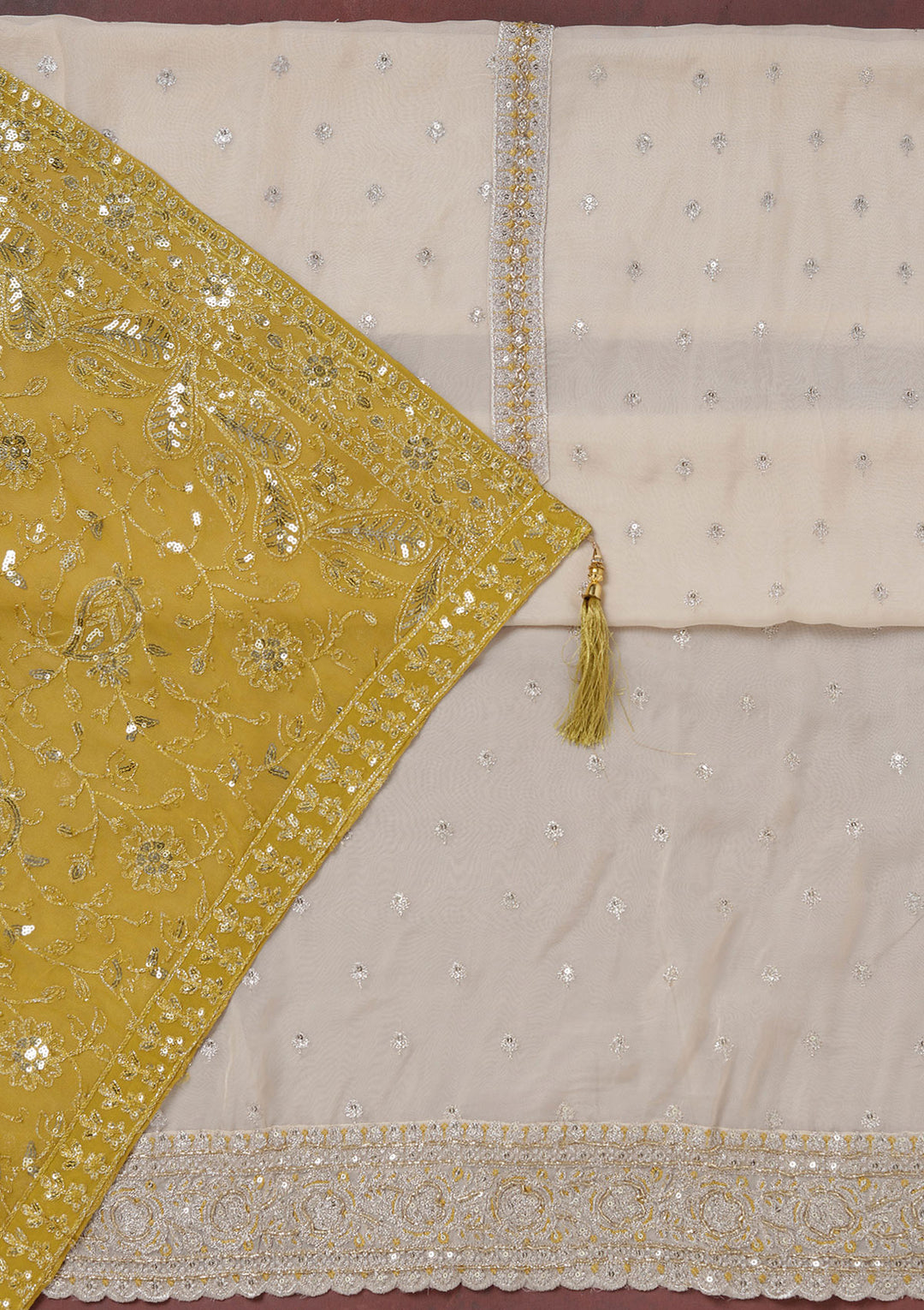 Beige Sequins Organza Unstitched Salwar Suit