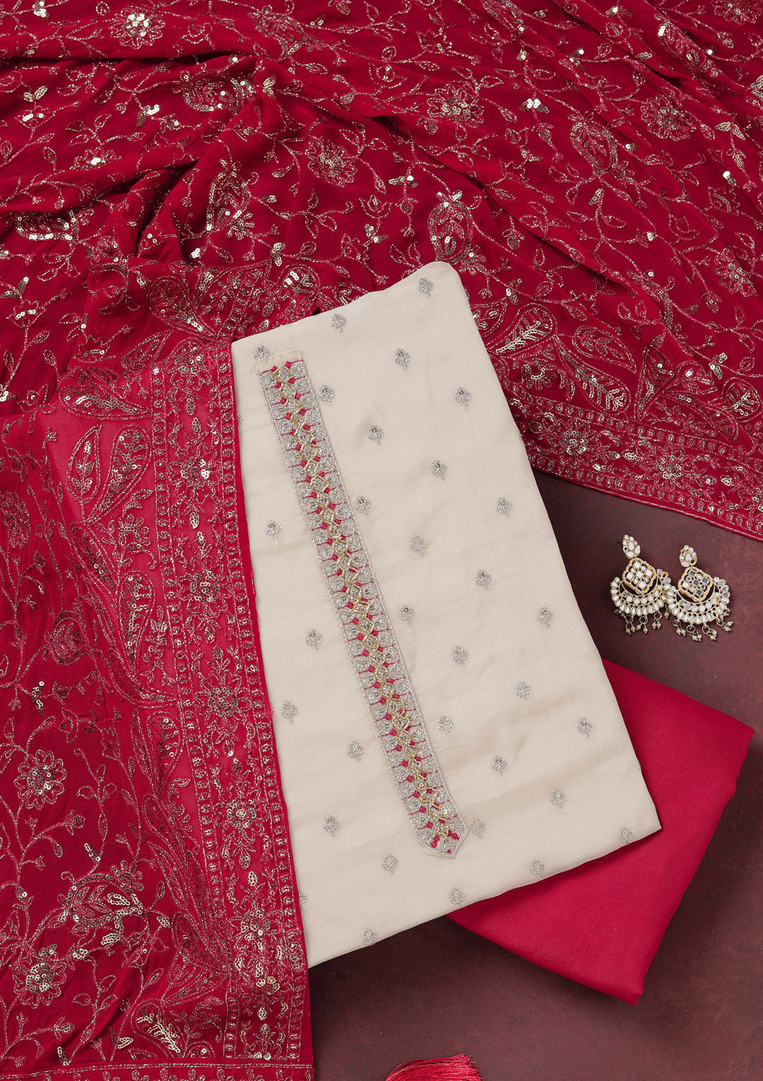 Beige Sequins Organza Unstitched Salwar Suit