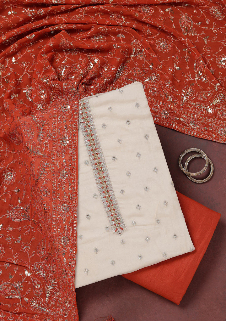 Beige Sequins Organza Unstitched Salwar Suit