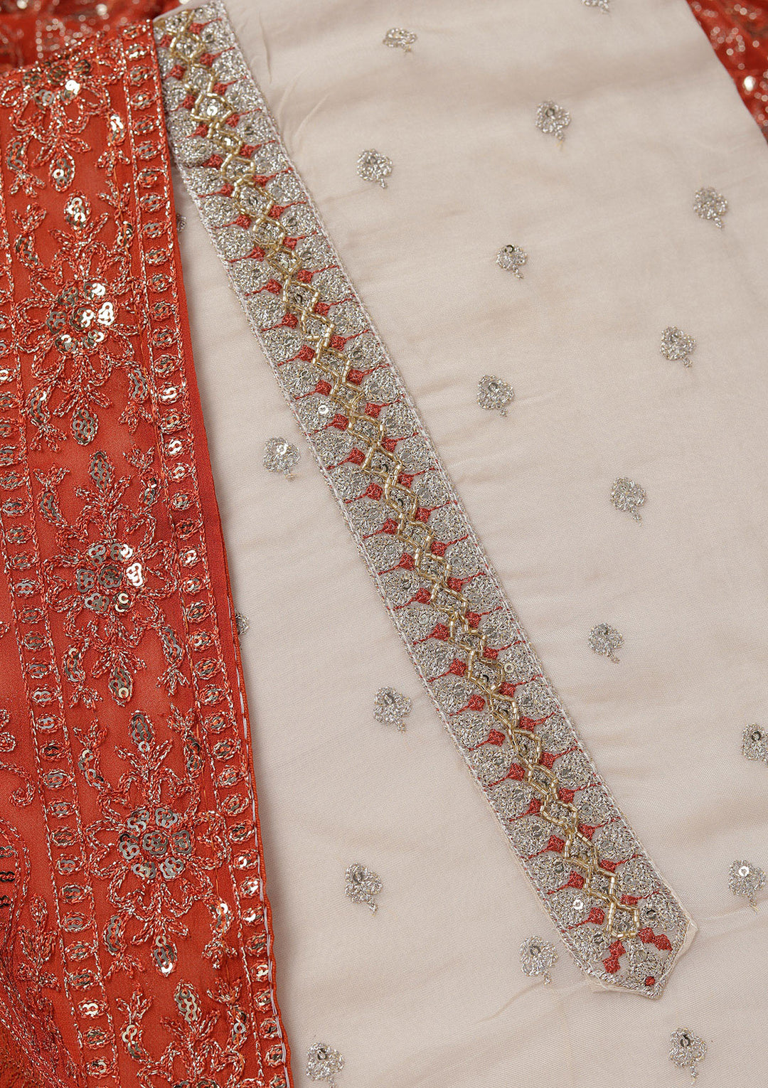 Beige Sequins Organza Unstitched Salwar Suit