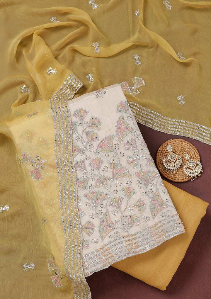 Beige Zariwork (Silver) Organza Unstitched Salwar Suit
