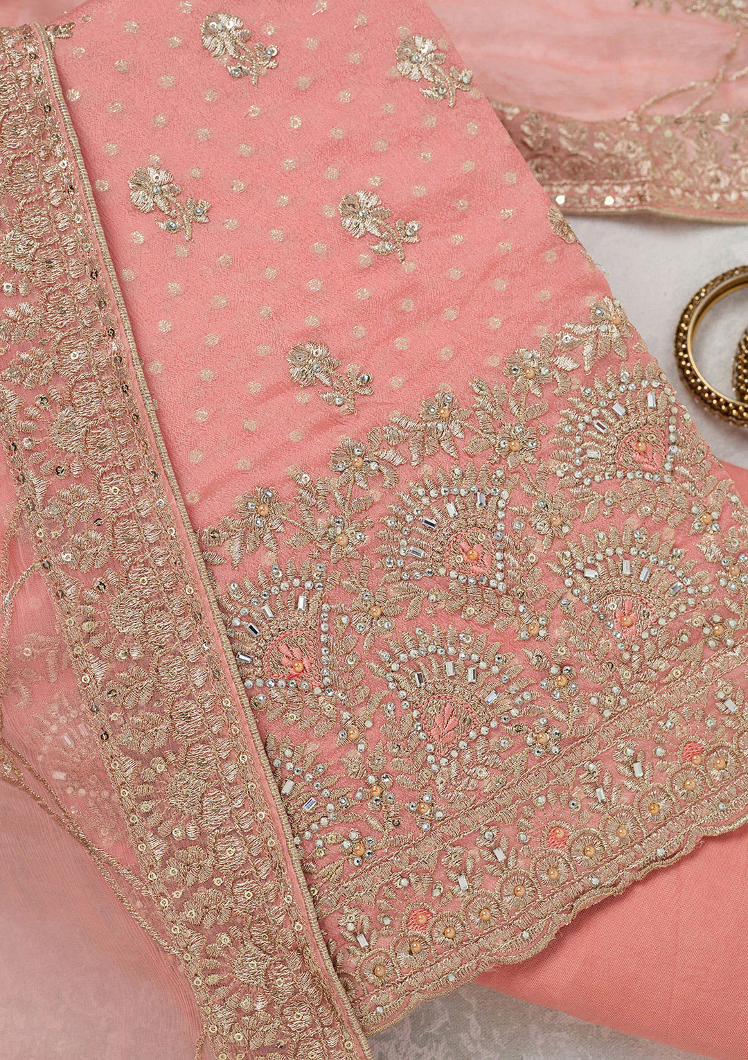 Peach Zariwork (Gold) Chinon Unstitched Salwar Suit
