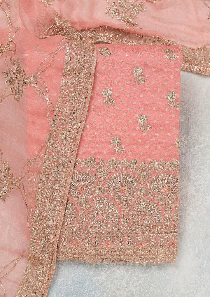 Peach Zariwork (Gold) Chinon Unstitched Salwar Suit