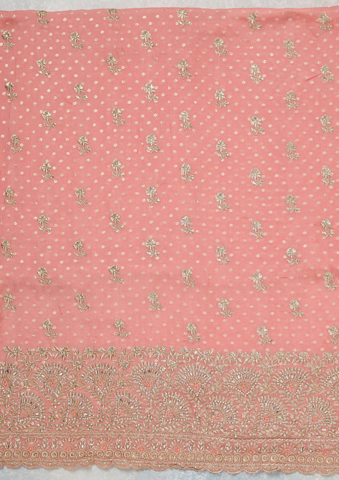 Peach Zariwork (Gold) Chinon Unstitched Salwar Suit