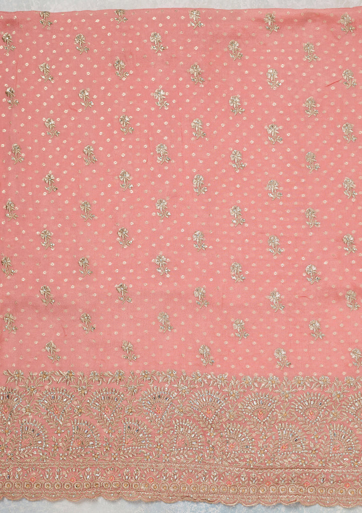 Peach Zariwork (Gold) Chinon Unstitched Salwar Suit