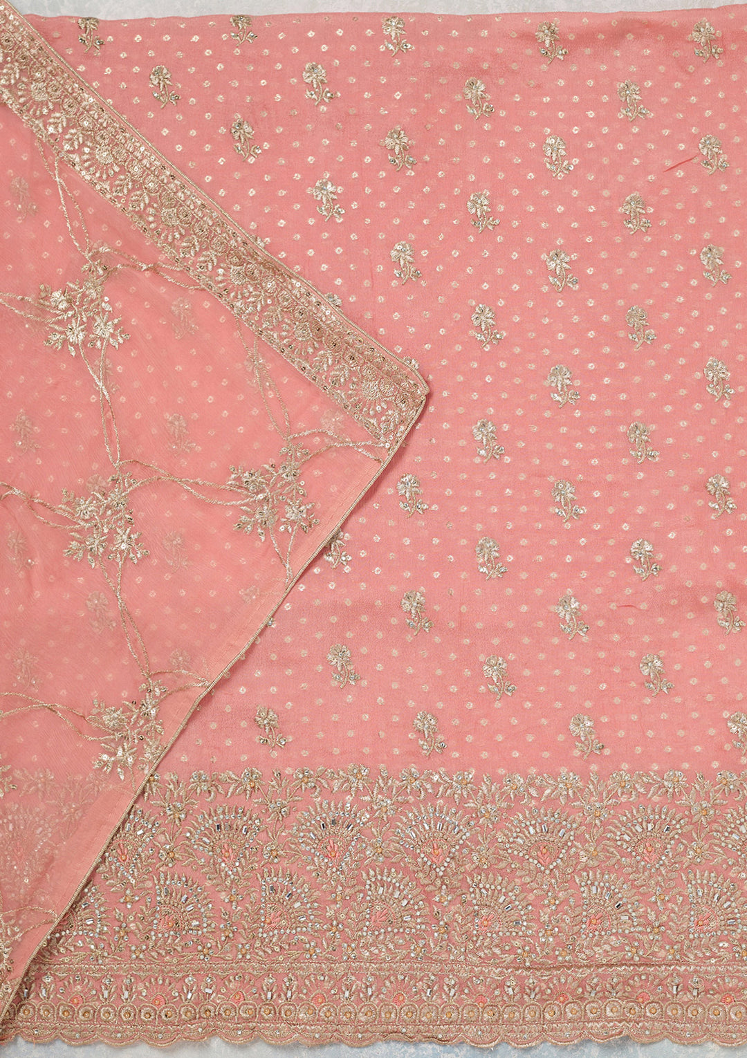 Peach Zariwork (Gold) Chinon Unstitched Salwar Suit