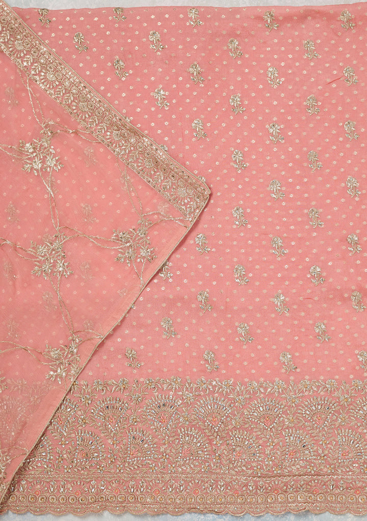Peach Zariwork (Gold) Chinon Unstitched Salwar Suit