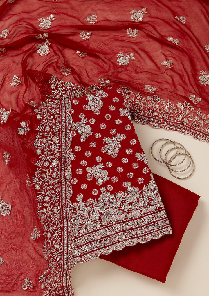 Maroon Zariwork (Gold) Chinon Unstitched Salwar Suit