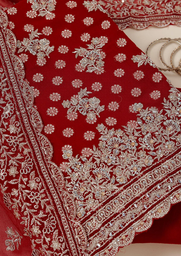 Maroon Zariwork (Gold) Chinon Unstitched Salwar Suit