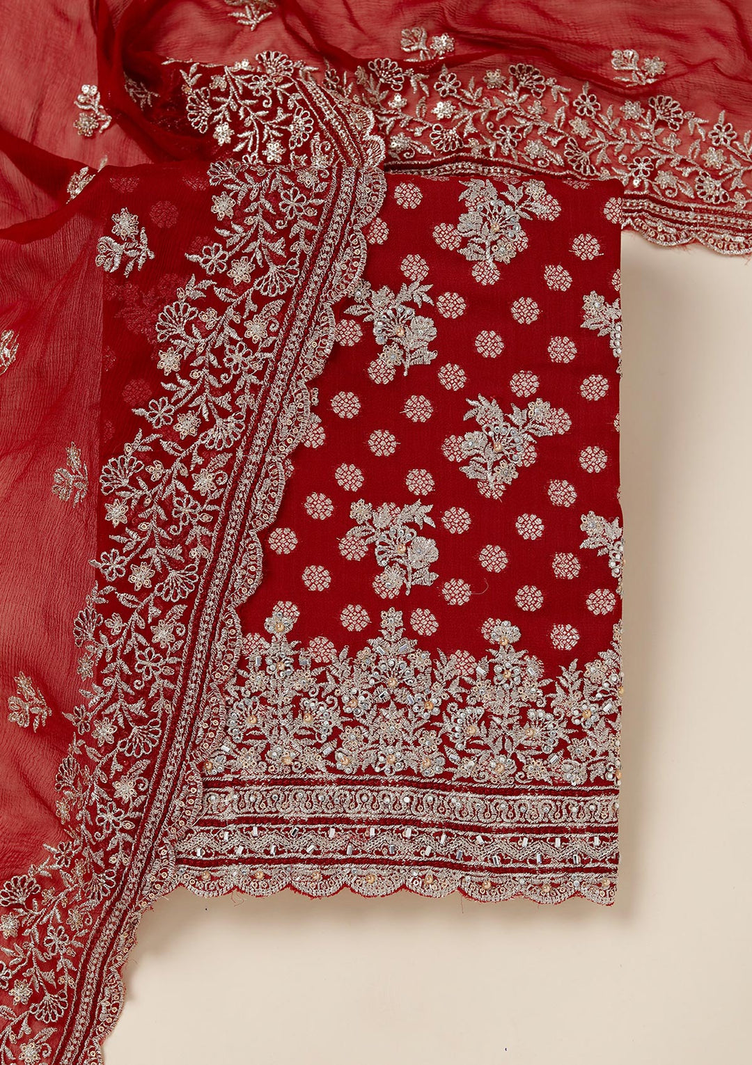 Maroon Zariwork (Gold) Chinon Unstitched Salwar Suit