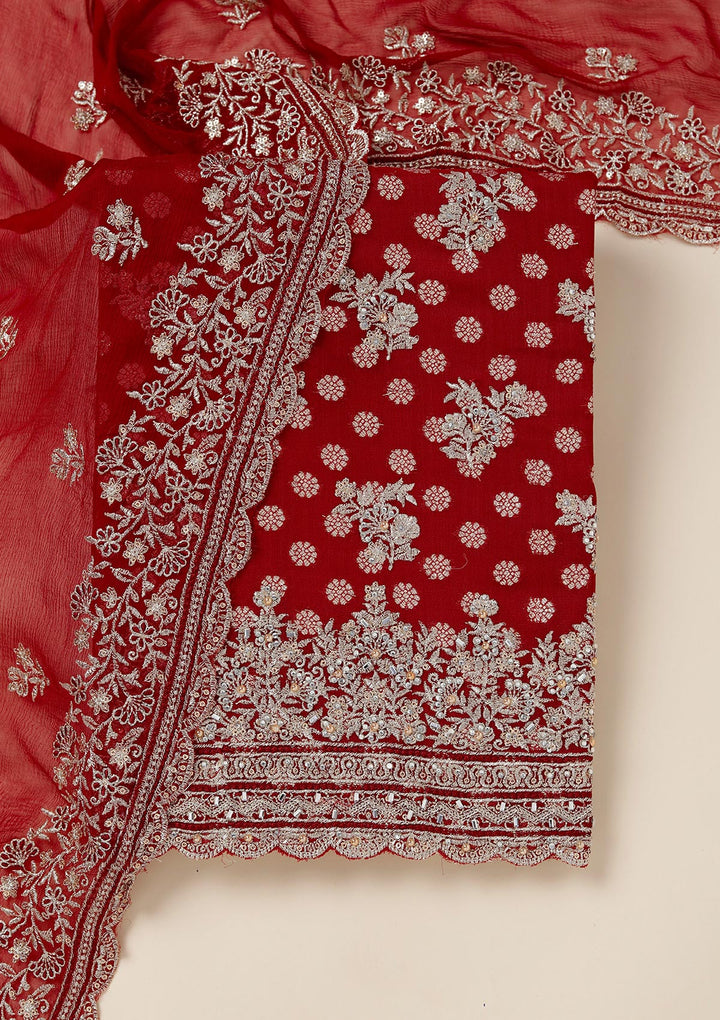 Maroon Zariwork (Gold) Chinon Unstitched Salwar Suit