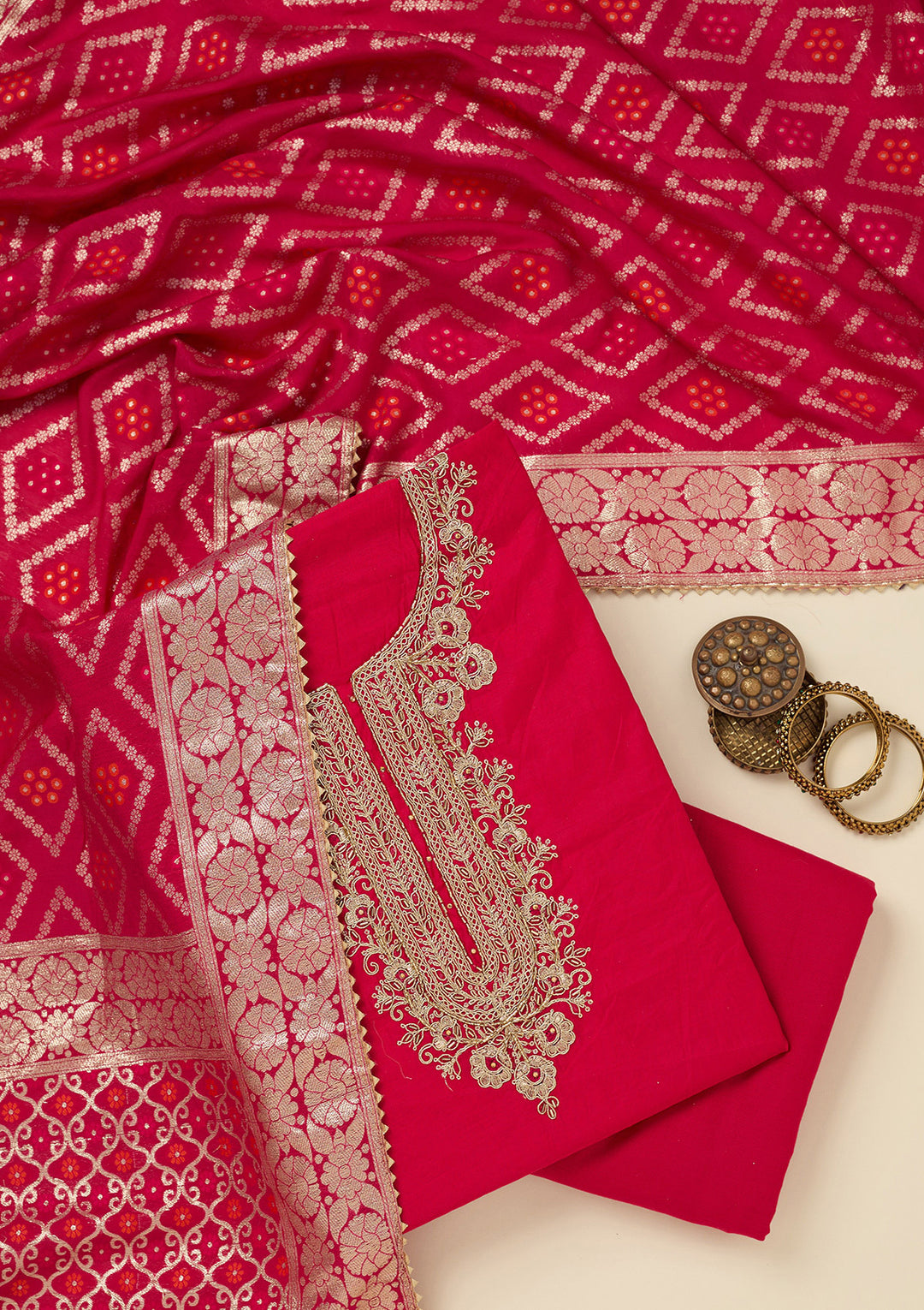 Rani Pink Zariwork (Gold) Chanderi Unstitched Salwar Suit