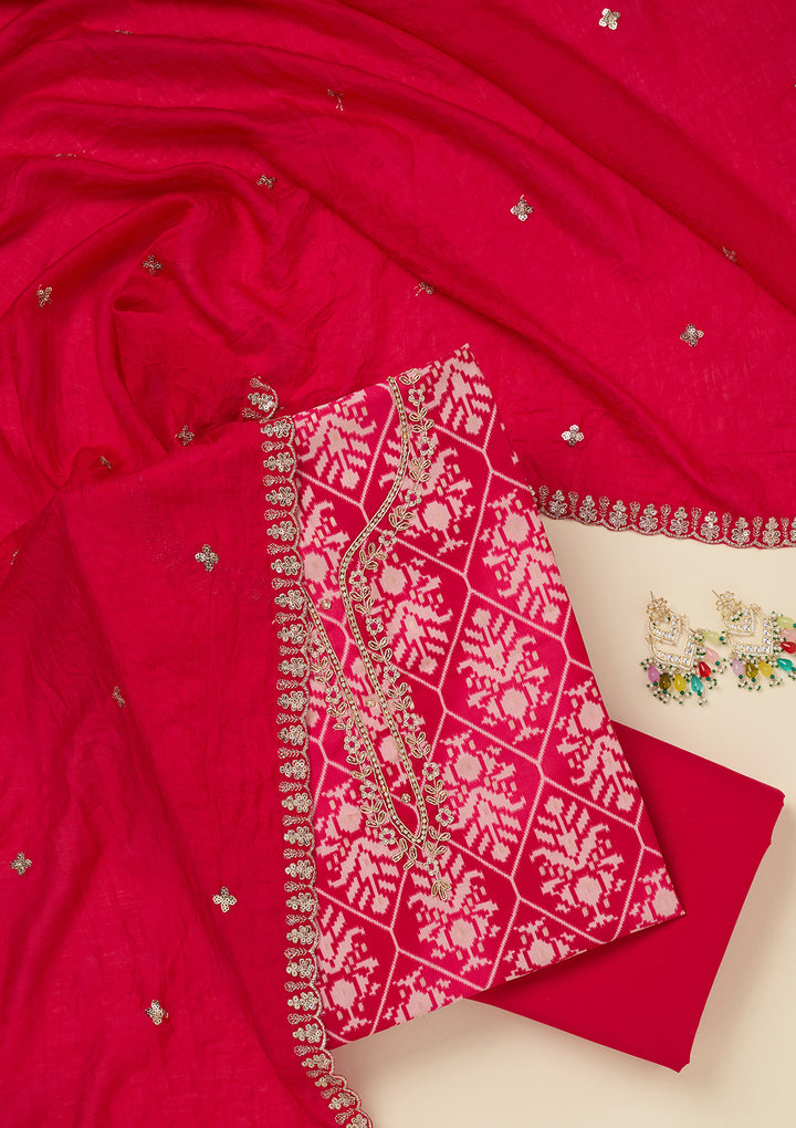 Rani Pink Cutdana Semi Crepe Unstitched Salwar Suit