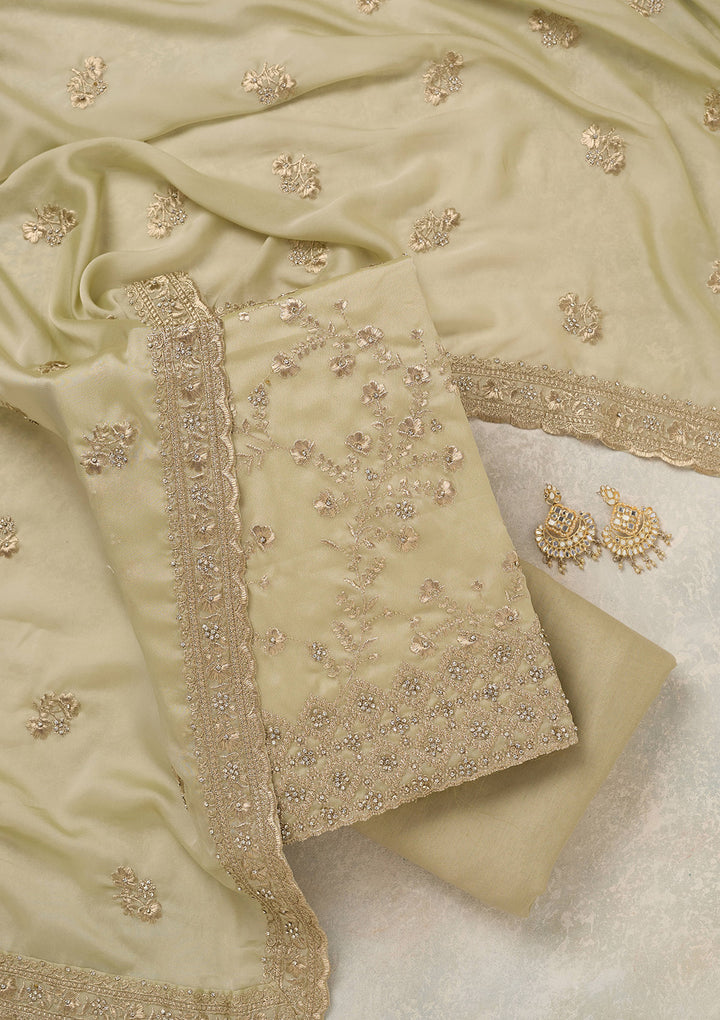 Pista Green Zardozi (Silver) Semi Crepe Unstitched Salwar Suit