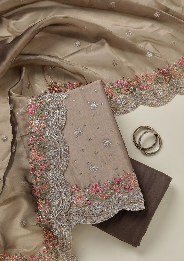 Light Brown Threadwork Tissue Unstitched Salwar Suit