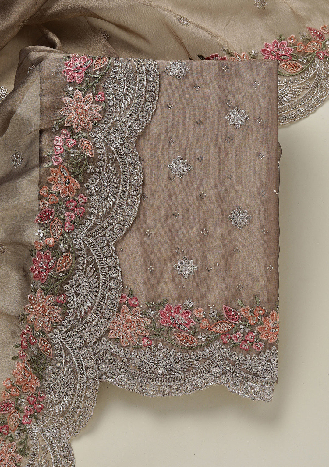 Light Brown Threadwork Tissue Unstitched Salwar Suit