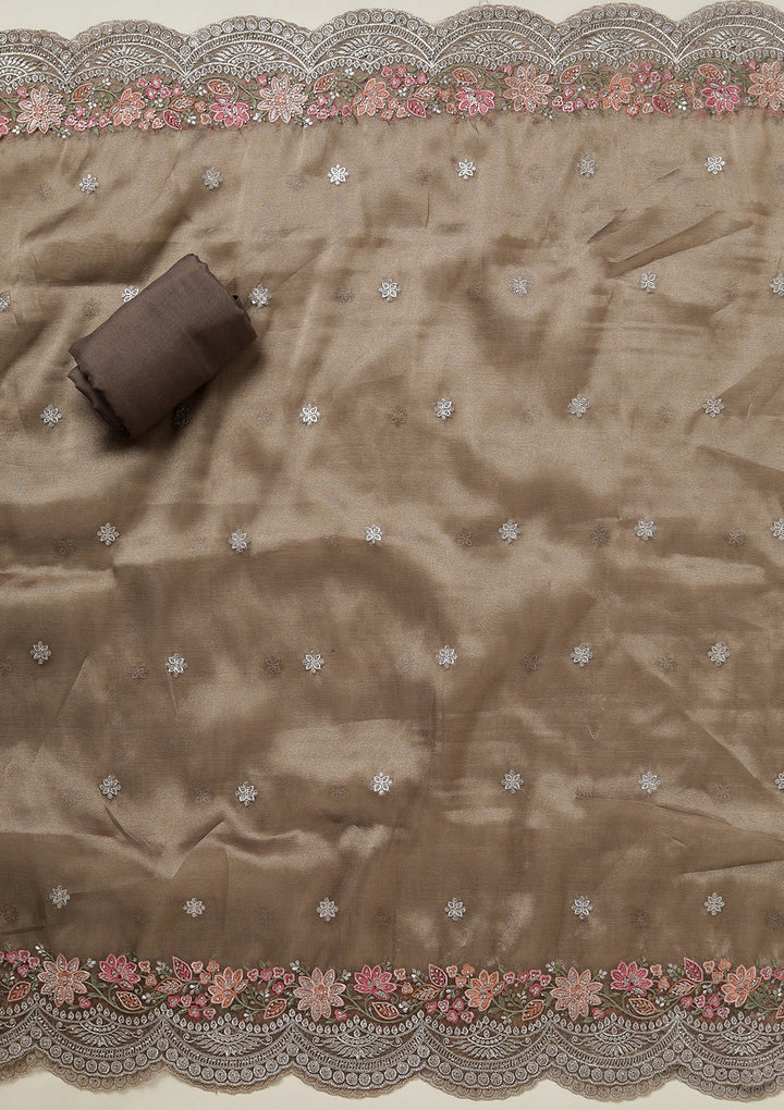 Light Brown Threadwork Tissue Unstitched Salwar Suit