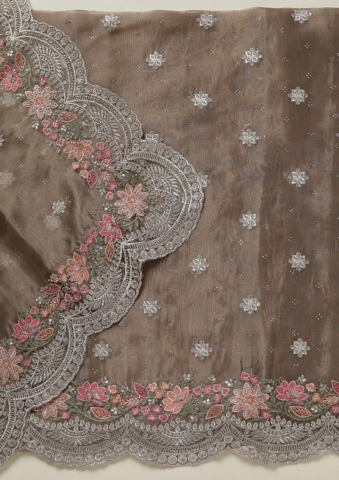 Light Brown Threadwork Tissue Unstitched Salwar Suit