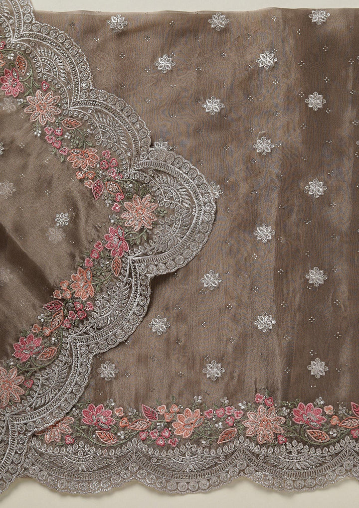 Light Brown Threadwork Tissue Unstitched Salwar Suit