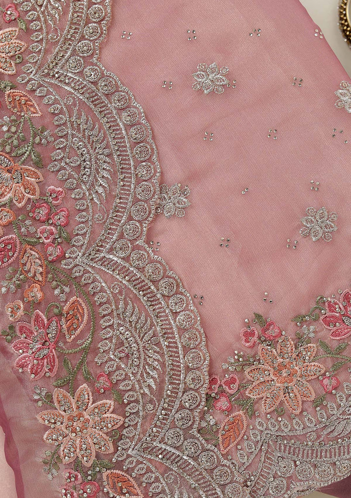 Onion Pink Threadwork Tissue Unstitched Salwar Suit
