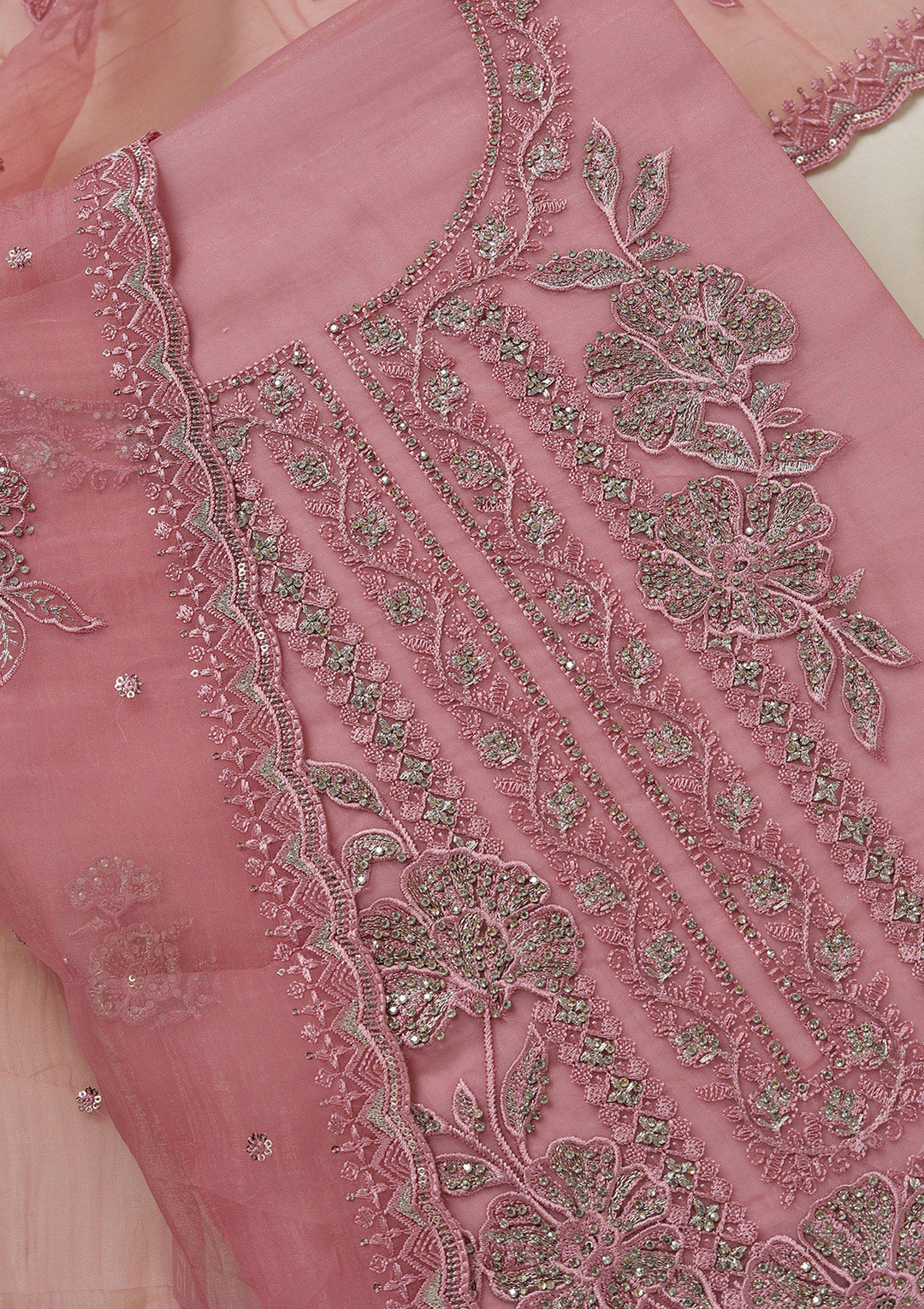 Onion Pink Threadwork Tissue Unstitched Salwar Suit