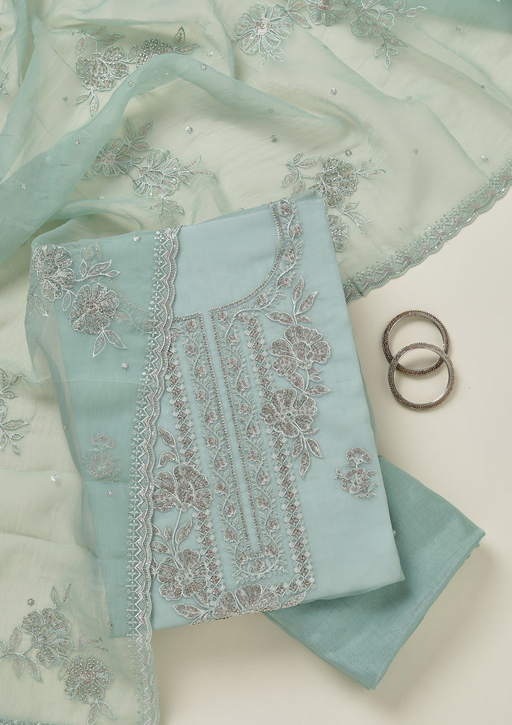 Sea Green Threadwork Tissue Unstitched Salwar Suit