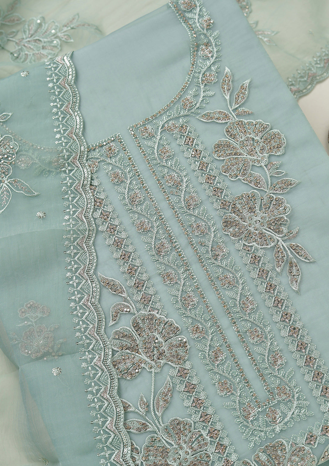 Sea Green Threadwork Tissue Unstitched Salwar Suit
