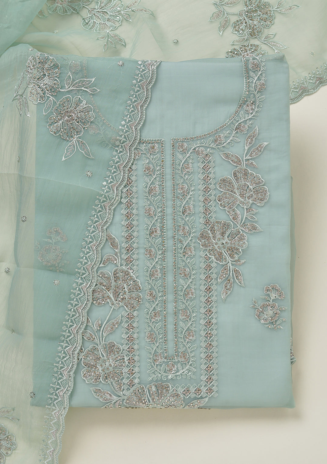 Sea Green Threadwork Tissue Unstitched Salwar Suit