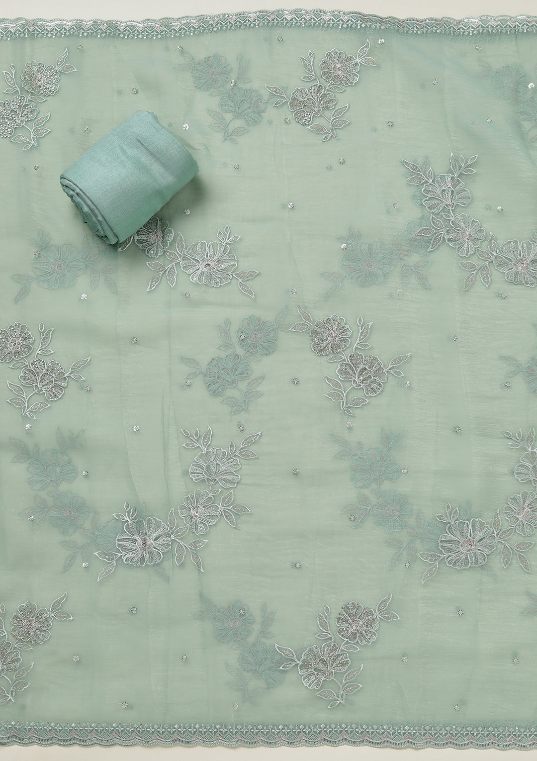 Sea Green Threadwork Tissue Unstitched Salwar Suit