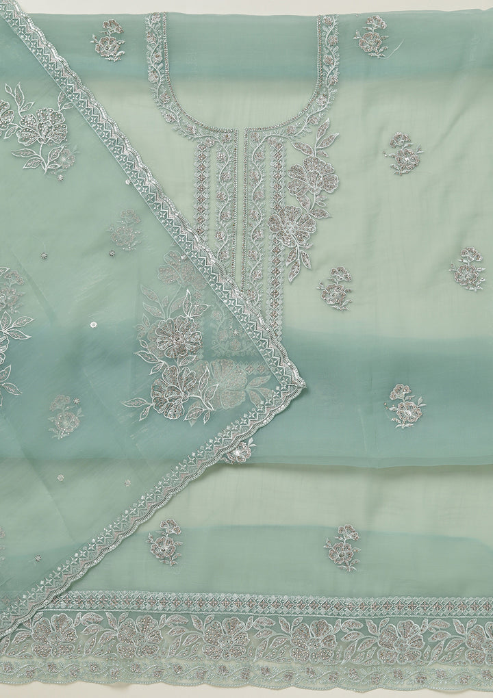 Sea Green Threadwork Tissue Unstitched Salwar Suit